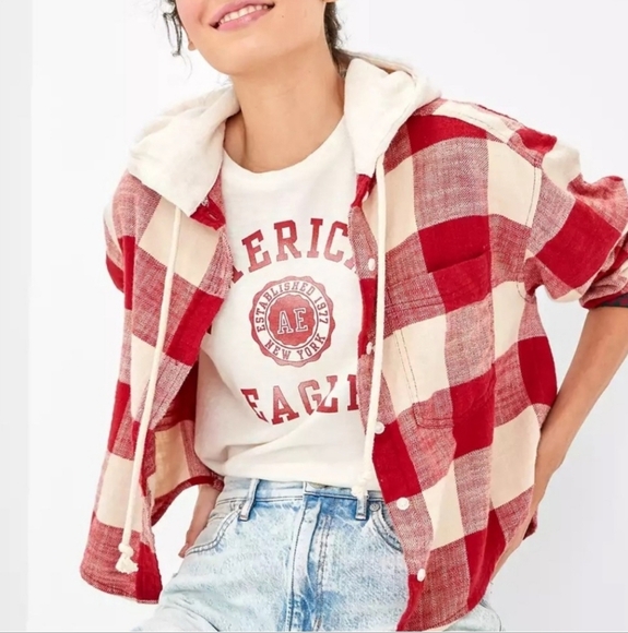 American Eagle Red & Cream Cotton Hooded Plaid Flannel Shirt Shacket Size Small - Picture 2 of 9